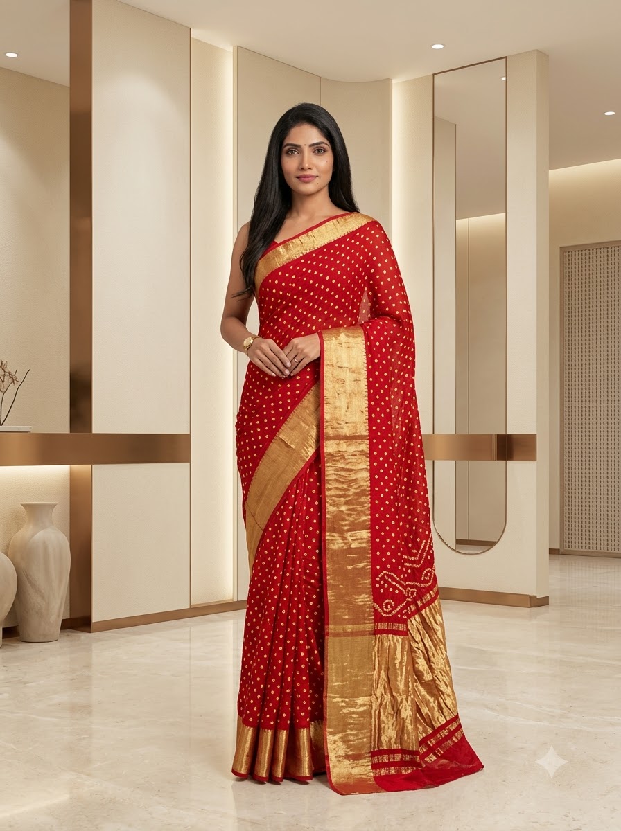 Crimson Red Fine Bandhej Saree