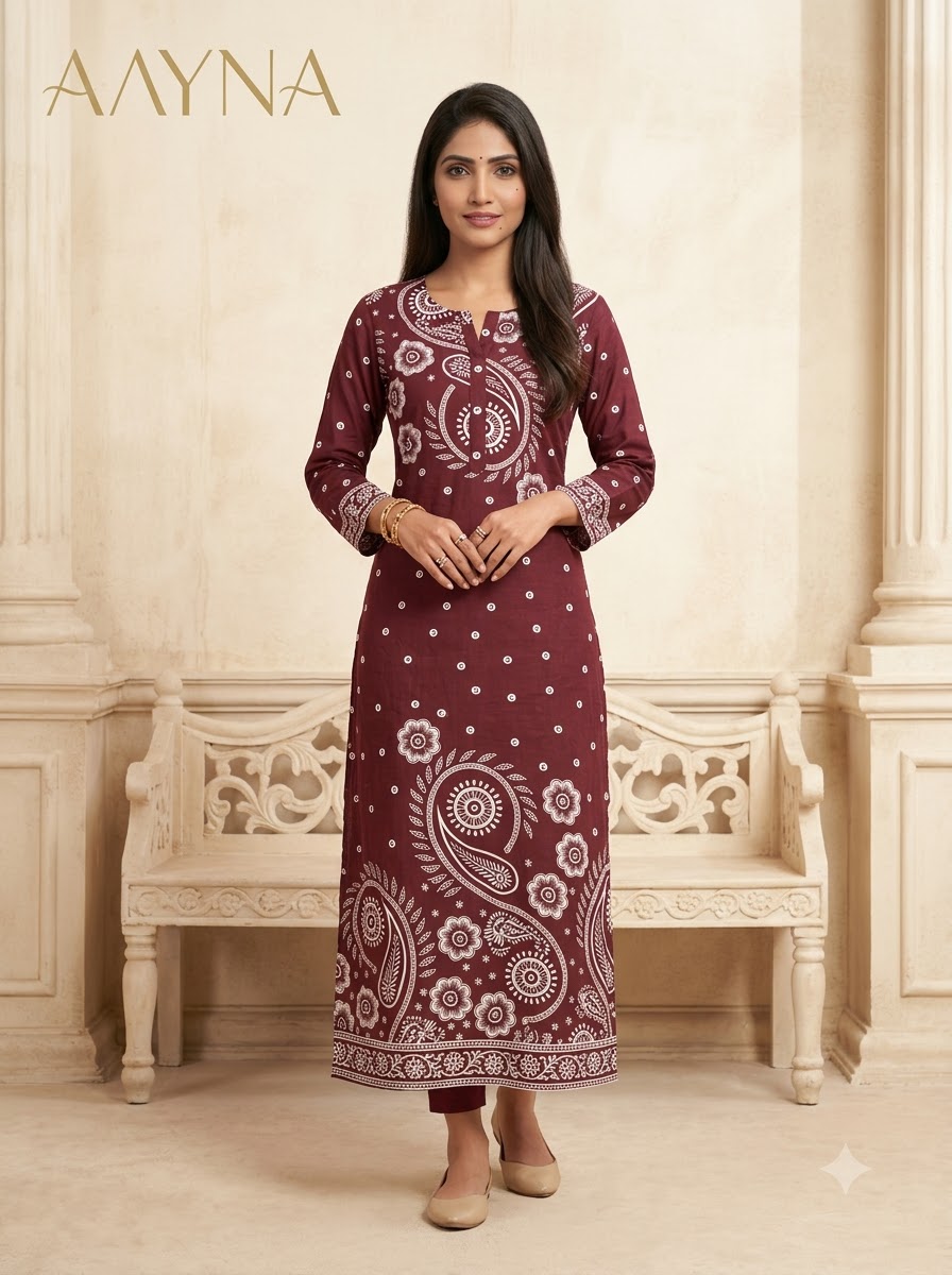 Deep Maroon Paisley Straight Cotton Kurti