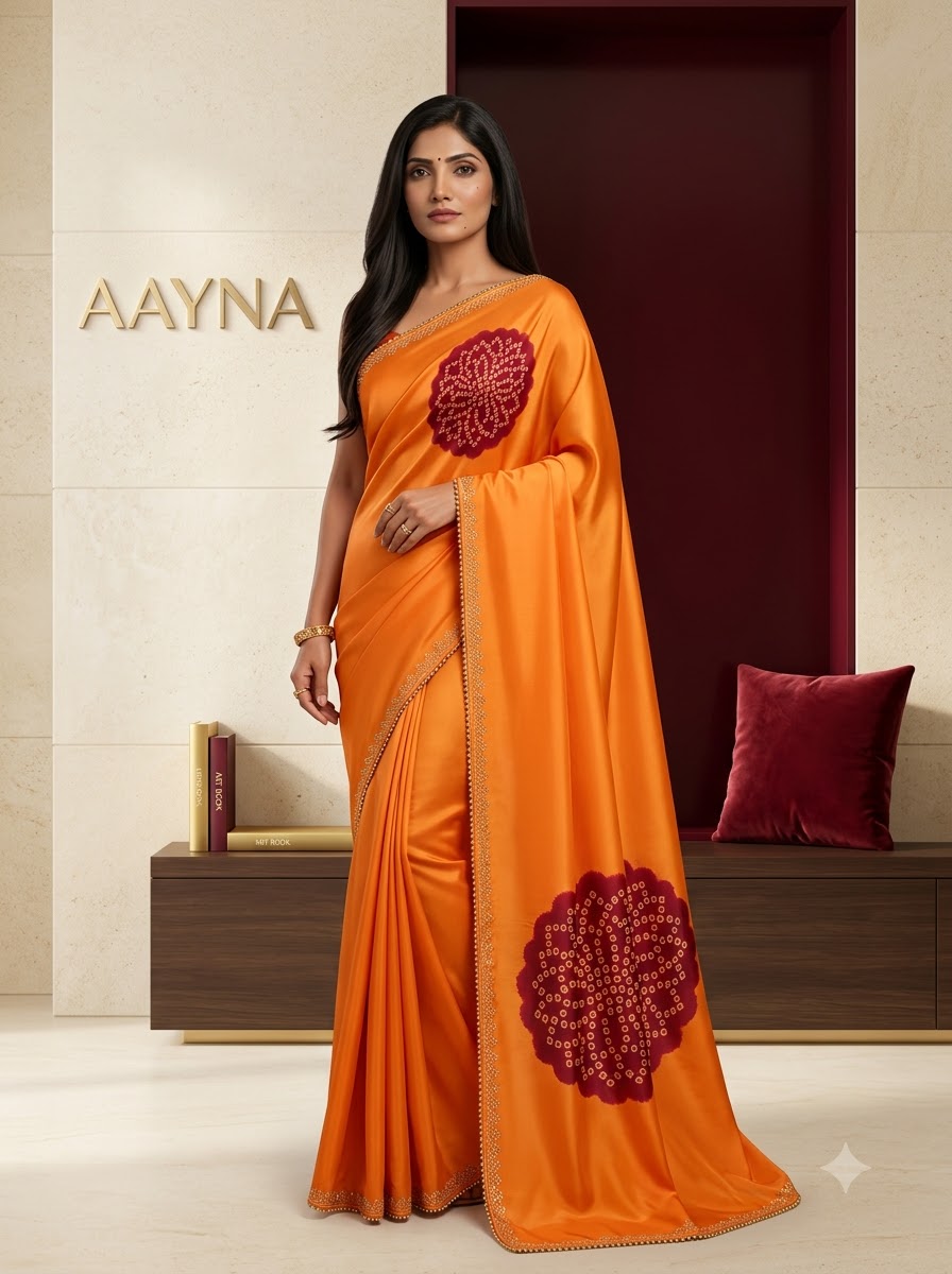 Marigold Tangerine Orange Satin Bandhani Saree