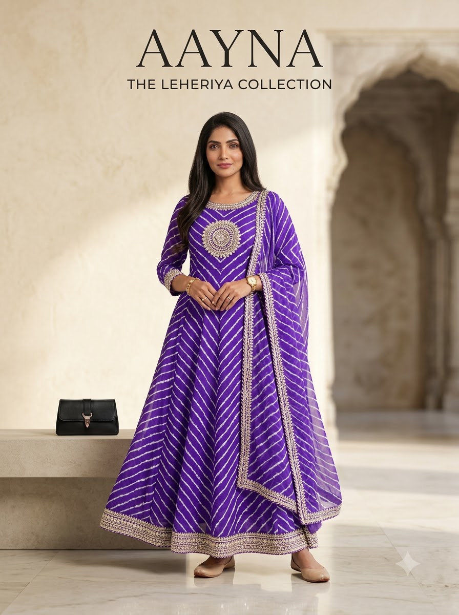 Royal Purple Leheriya Flared Anarkali Kurti Set