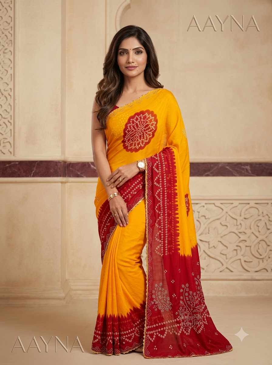 Haldi Yellow & Sindoor Red Dual-Tone Bandhani Saree