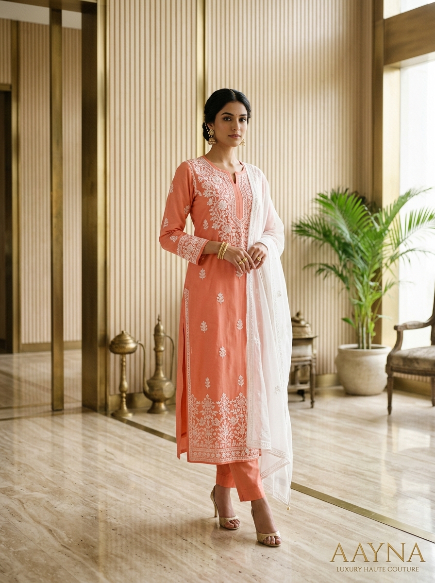 Peach Coral Cotton Chikankari Straight Kurti