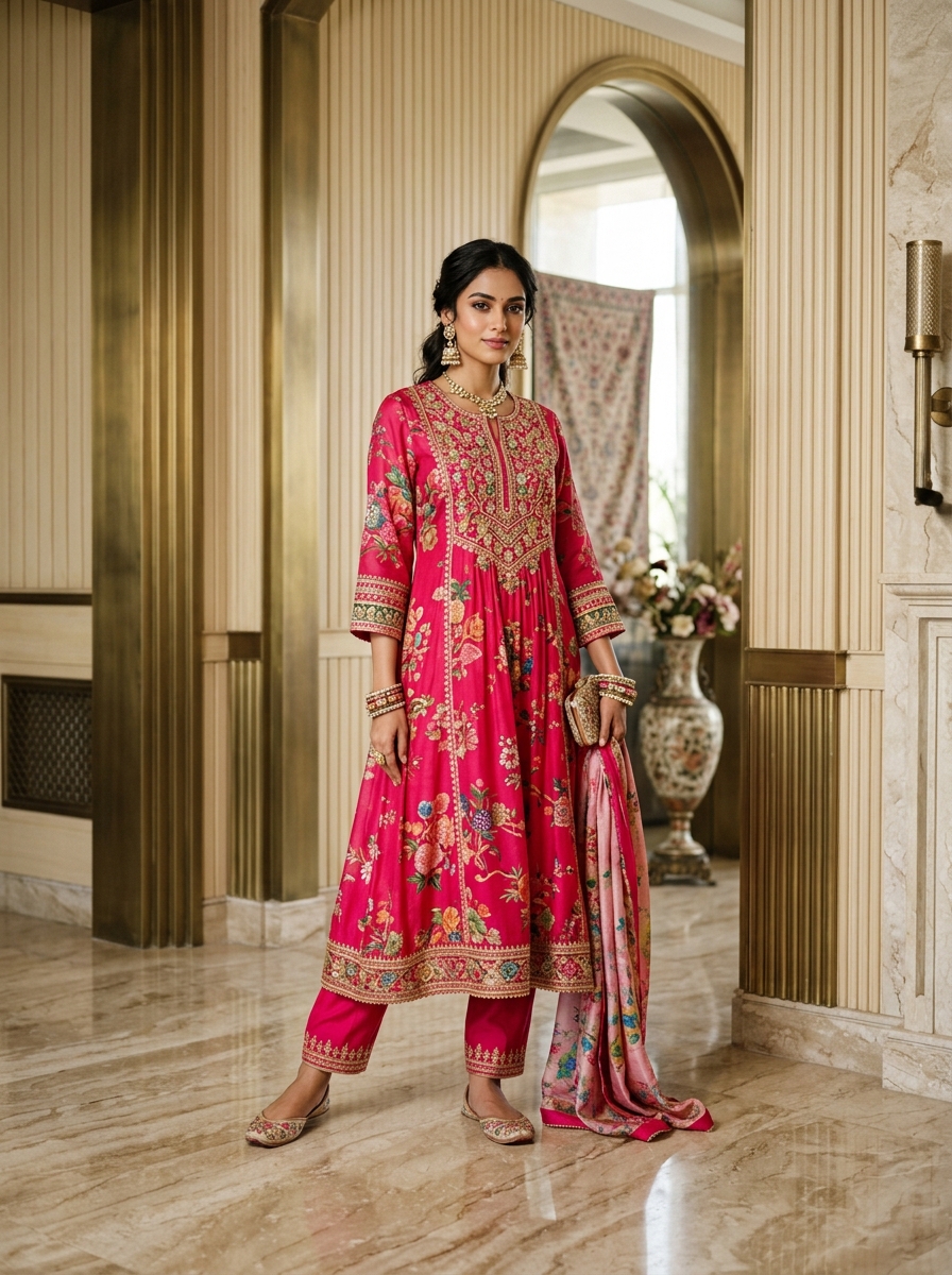 Fuchsia Rose Muslin Chikankari Yoke Kurti