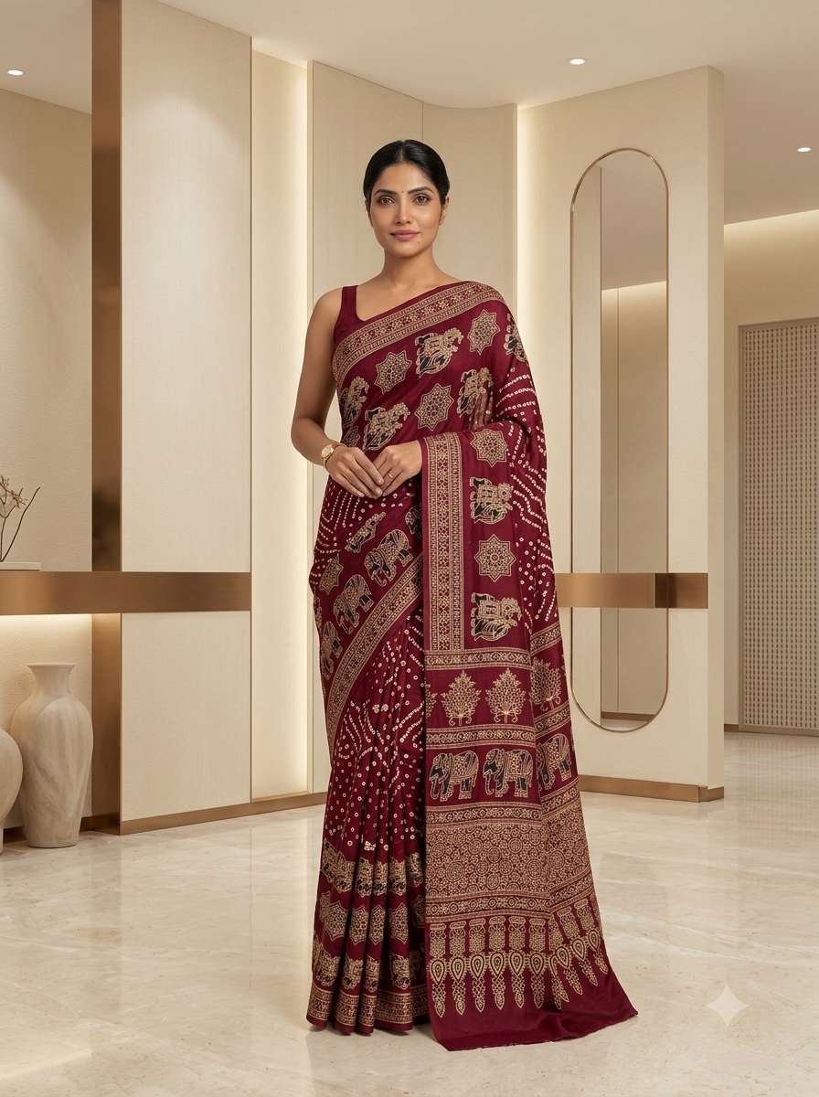 Regal Maroon Elephant Procession Ajrakh Modal Saree