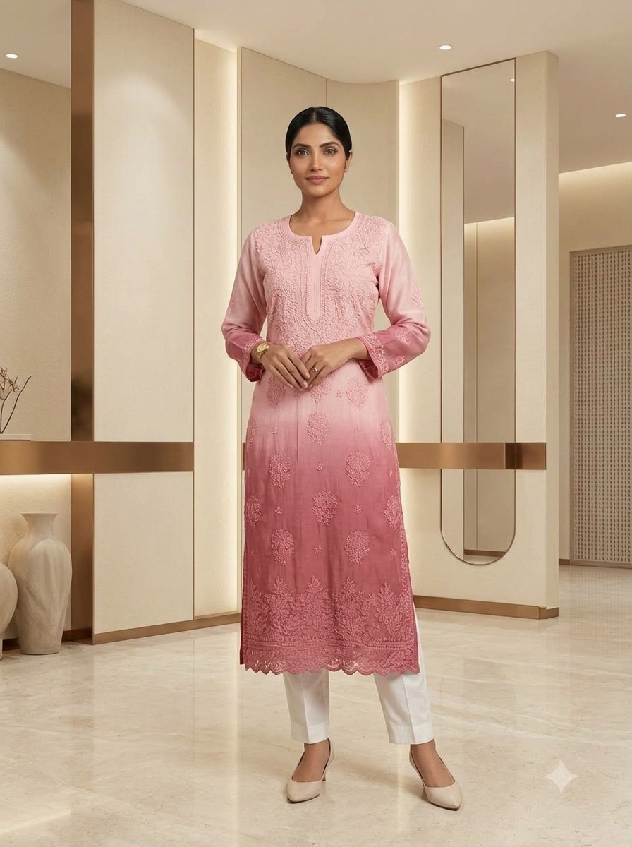 Blush to Dusty Rose Ombre Chikankari Kurti