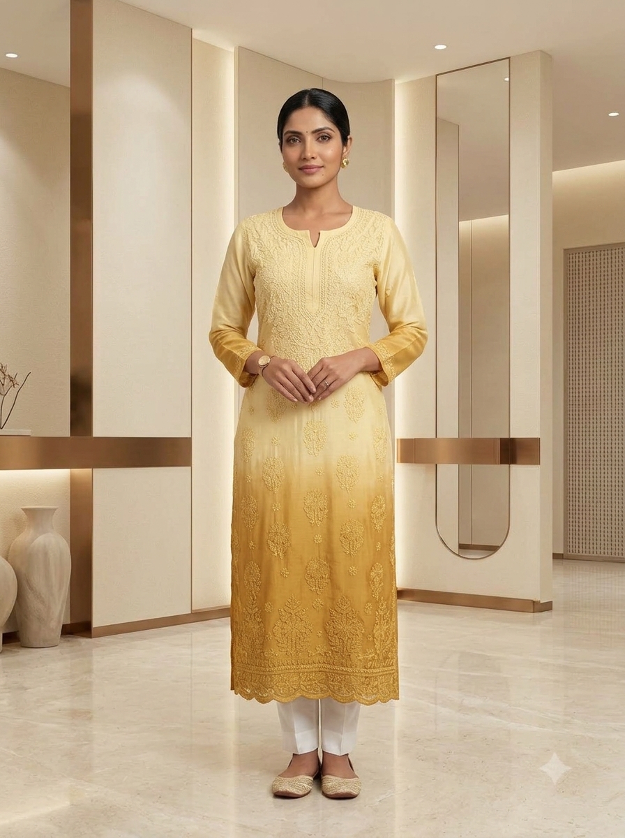 Buttercup to Golden Ochre Ombre Chikankari Kurti