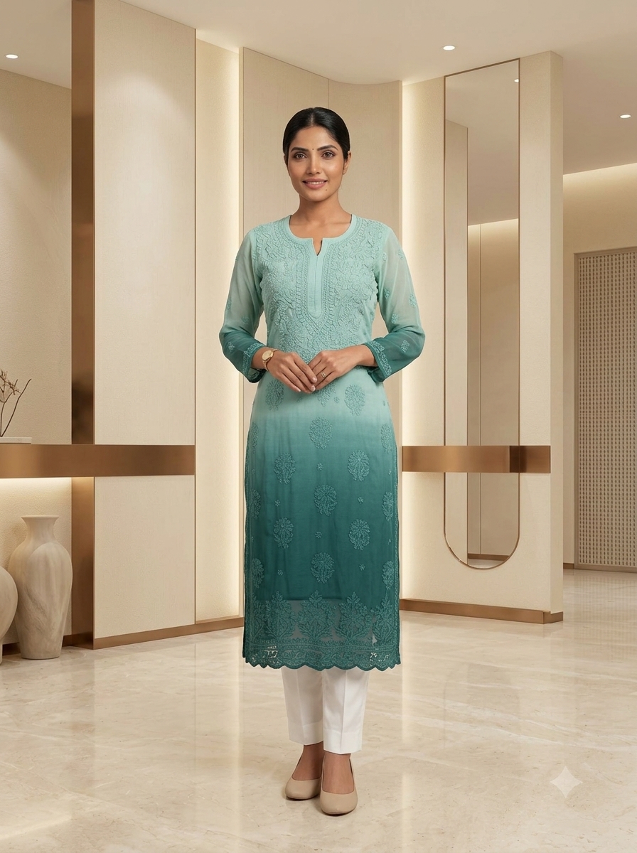 Seafoam Mint to Oceanic Teal Ombre Chikankari Kurti