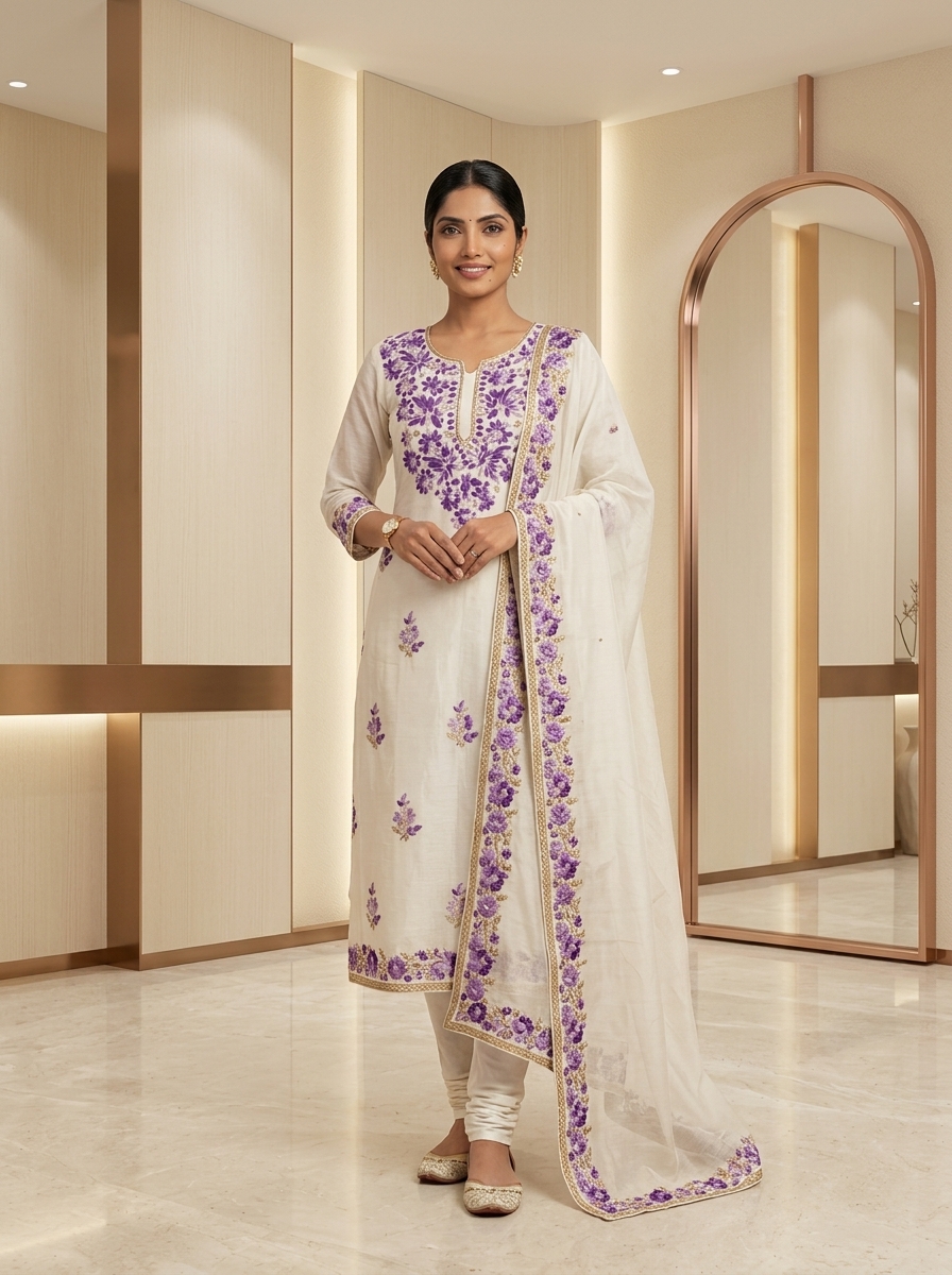 Violet Bloom Mul Chanderi Kurti & Dupatta Set
