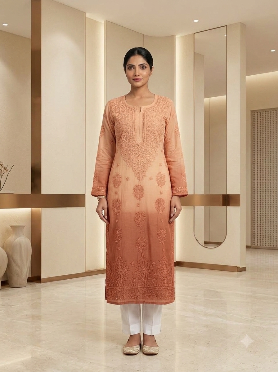 Terracotta Peach Ombre Chikankari Kurti